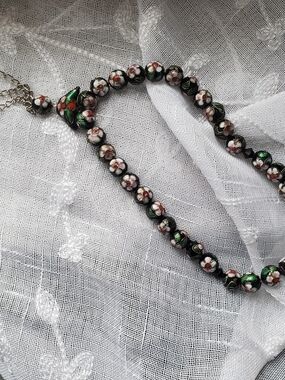 Floral Cloisonné Beaded Tasbih - Black with White & Pink Flowers & Green Leaves